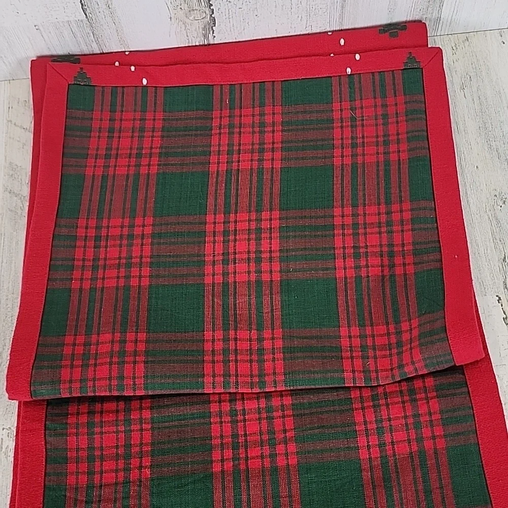 Crate & Barrel Snowy Woods red green reversible table runner 14